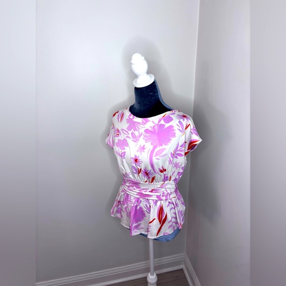 Anthropologie Pink & White Floral Print Top With Belted Waistband. Size Xs - Picture 2 of 9